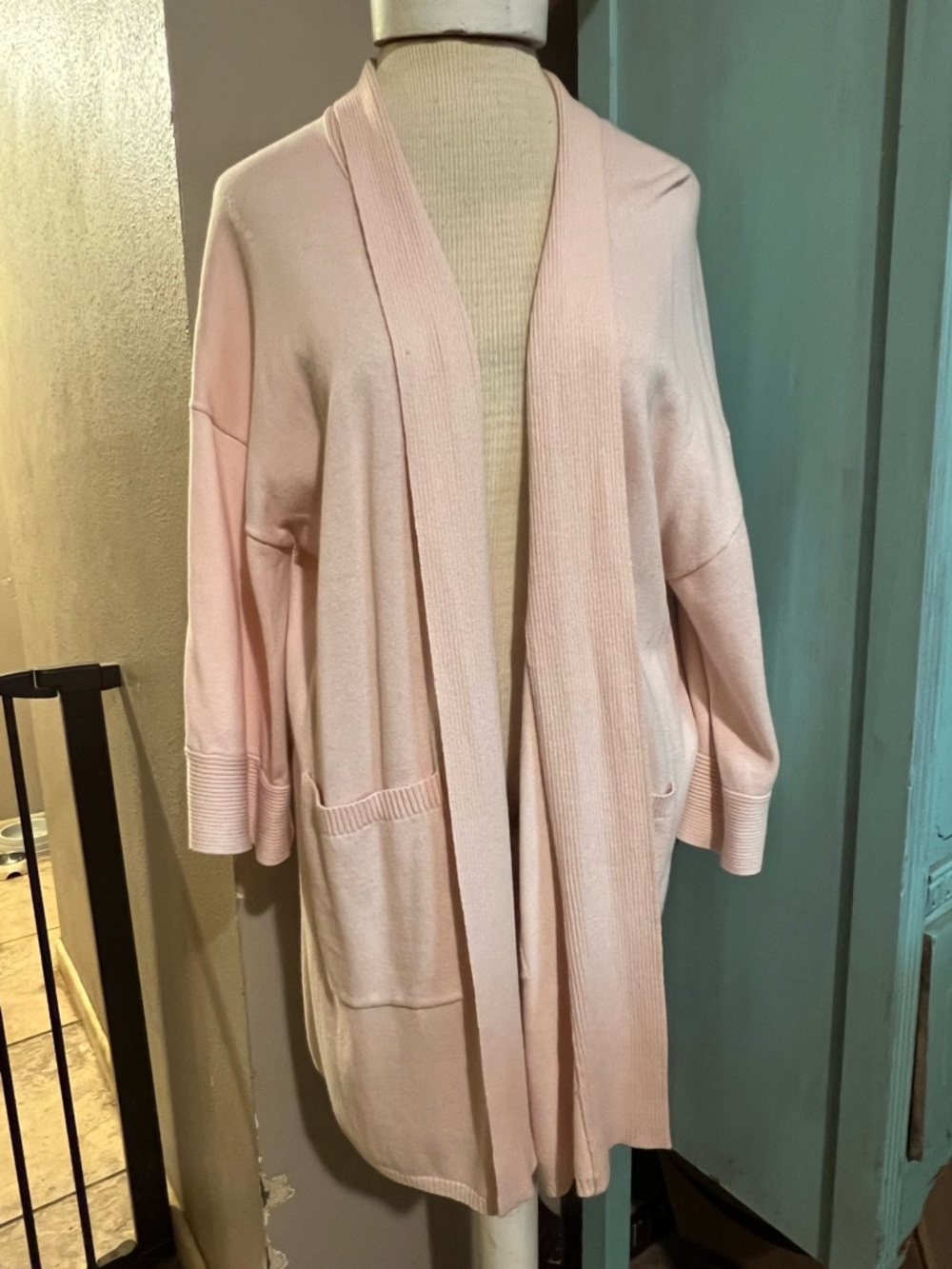 White + Warren Peachy Pink Ribbed Detail Long Open Front Cardigan Large
